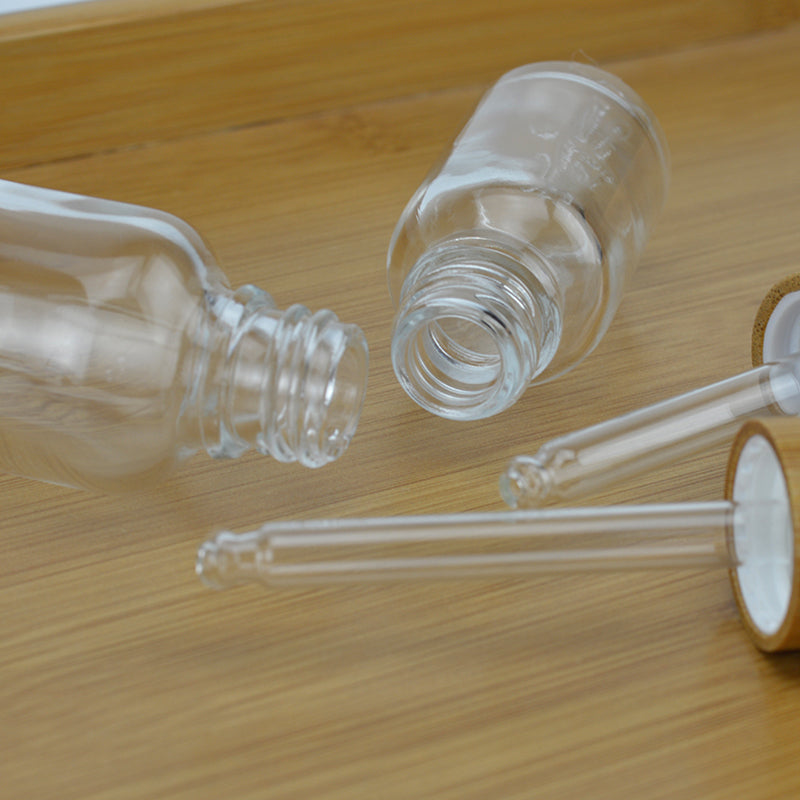 10pcs/lot natural bamboo cap Clear Glass Dropper Bottle Aromatherapy Liquid serum/essential basic massage oil Pipette Refillable