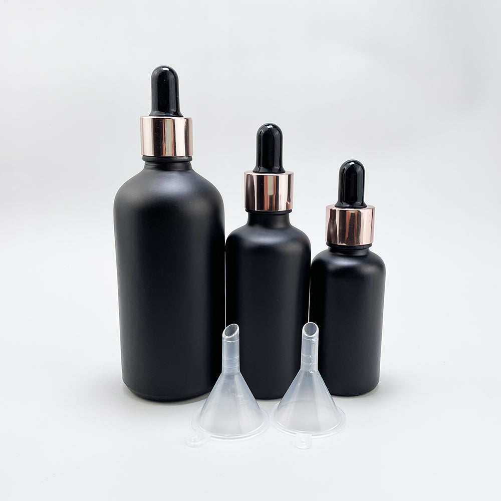 10PCS/LOT Light-Resistant Gold/Silver/Rosepink Cap Dropper Pippete Black Glass Bottle Refill Oils Hydrolat Serum Skincare