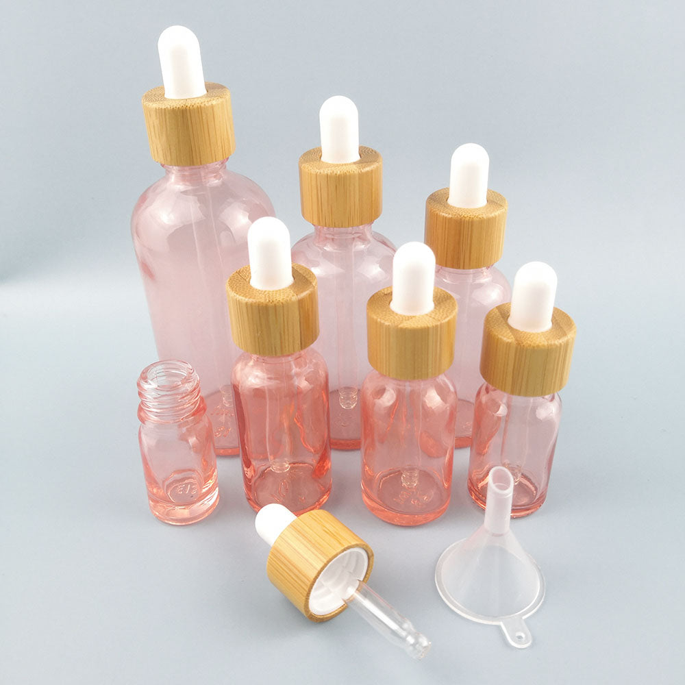 10pcs/lot Natural Bamboo Cap Pink Glass Bottle Dropper Aromatherapy Liquid Serum/Essence Basic Massage Oils Pipette Refill