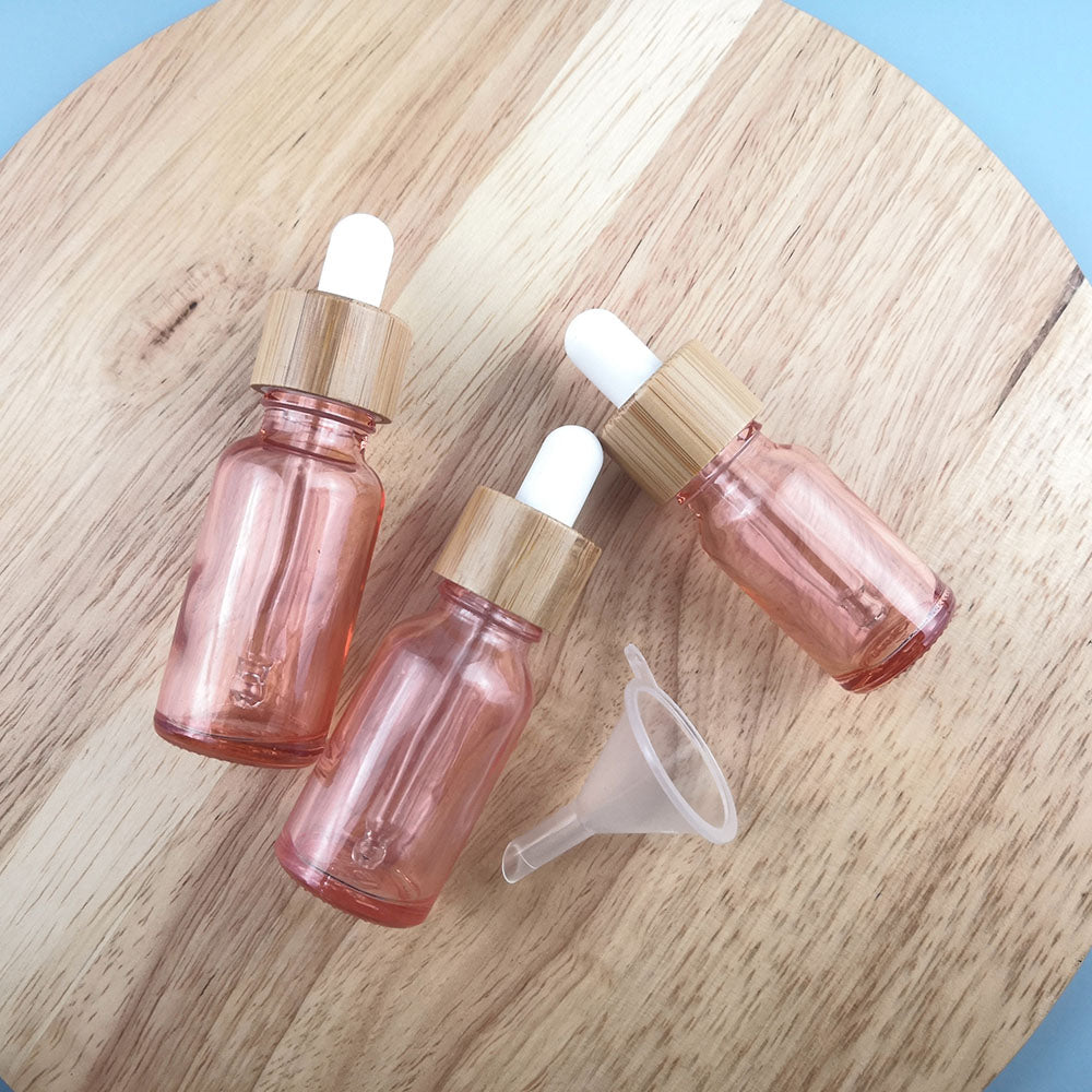 10pcs/lot Natural Bamboo Cap Pink Glass Bottle Dropper Aromatherapy Liquid Serum/Essence Basic Massage Oils Pipette Refill