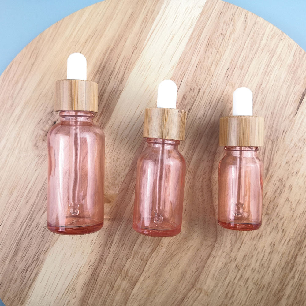 10pcs/lot Natural Bamboo Cap Pink Glass Bottle Dropper Aromatherapy Liquid Serum/Essence Basic Massage Oils Pipette Refill