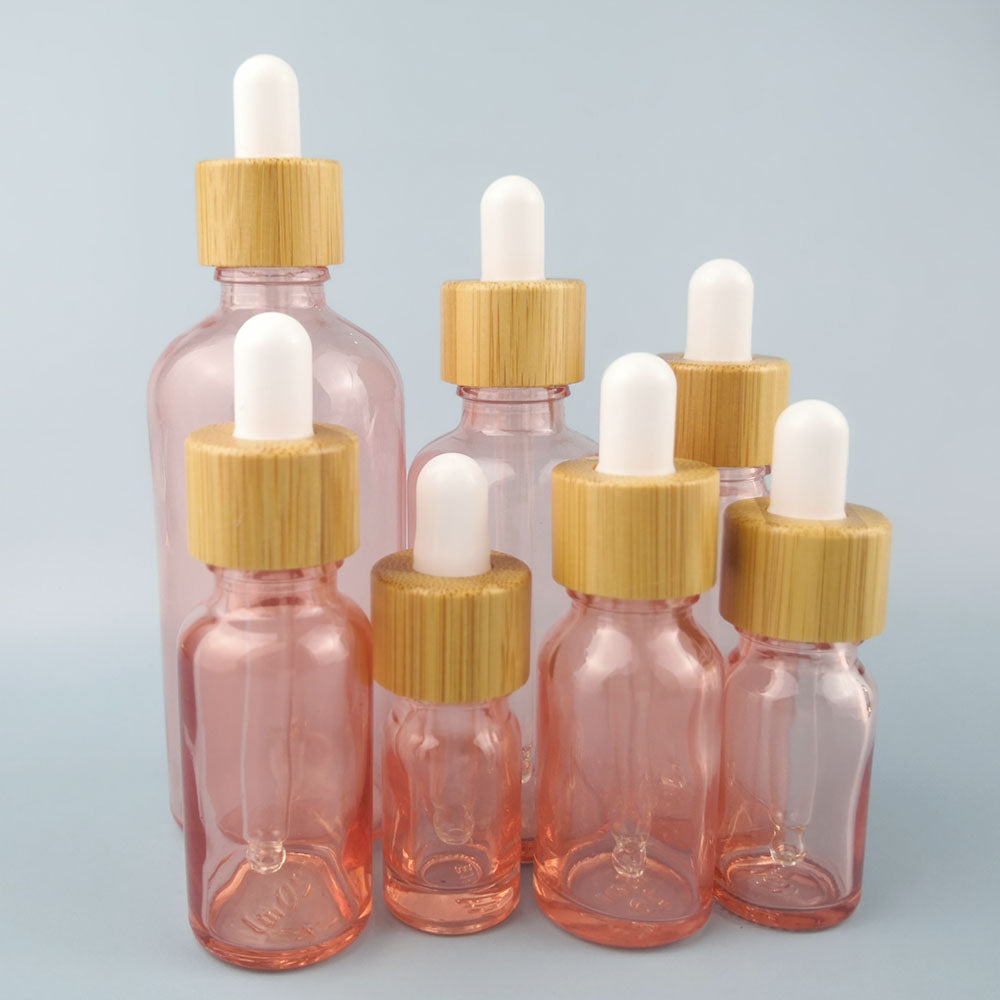 10pcs/lot Natural Bamboo Cap Pink Glass Bottle Dropper Aromatherapy Liquid Serum/Essence Basic Massage Oils Pipette Refill