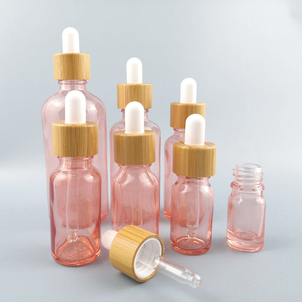 10pcs/lot Natural Bamboo Cap Pink Glass Bottle Dropper Aromatherapy Liquid Serum/Essence Basic Massage Oils Pipette Refill
