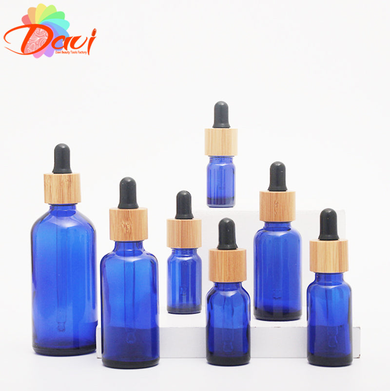 10PCS/LOT Blue Glass Dropper Bottle Natural Bamboo Cap Refill For Essence Massage Face Oil Aromatherapy Liquid Skincare