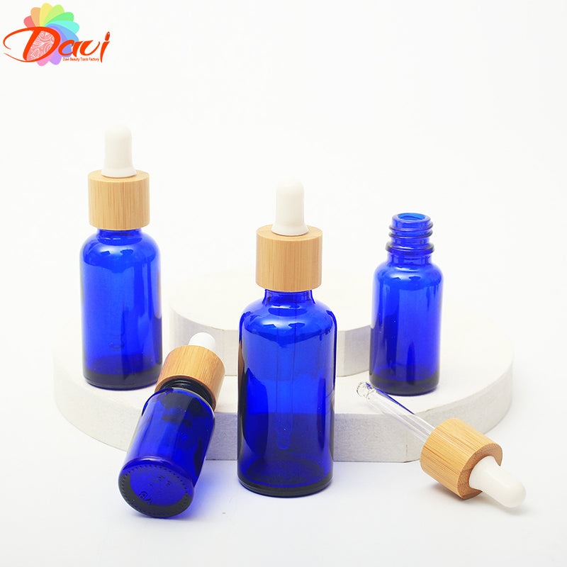 10PCS/LOT Blue Glass Dropper Bottle Natural Bamboo Cap Refill For Essence Massage Face Oil Aromatherapy Liquid Skincare