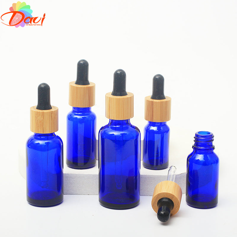 10PCS/LOT Blue Glass Dropper Bottle Natural Bamboo Cap Refill For Essence Massage Face Oil Aromatherapy Liquid Skincare