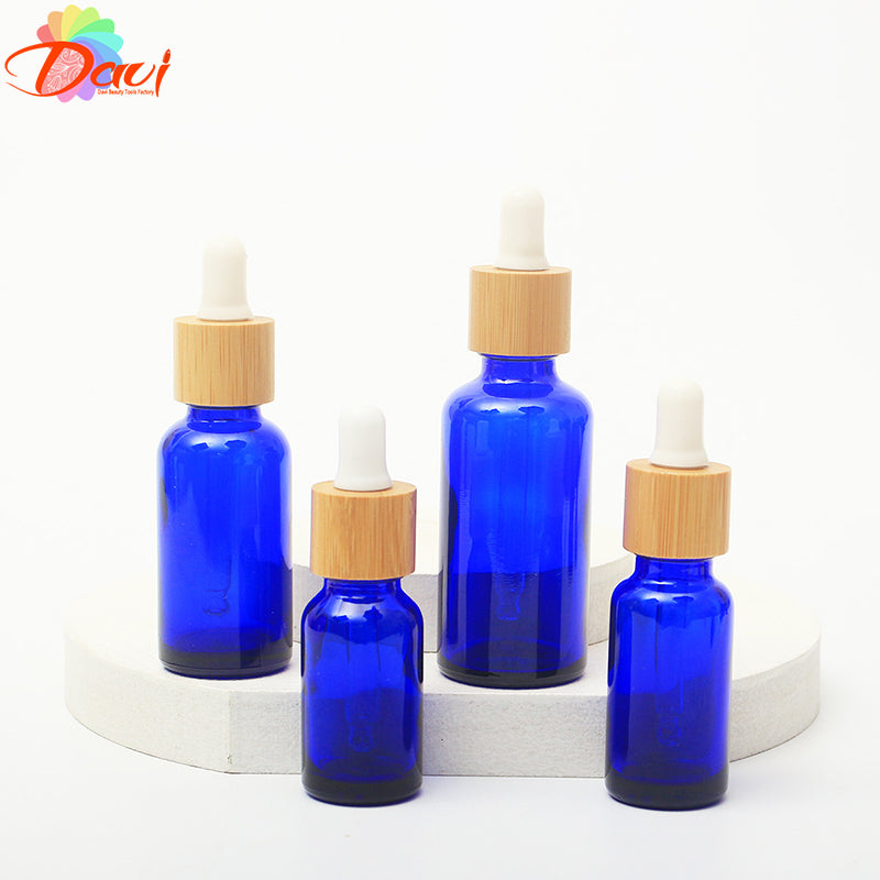 10PCS/LOT Blue Glass Dropper Bottle Natural Bamboo Cap Refill For Essence Massage Face Oil Aromatherapy Liquid Skincare