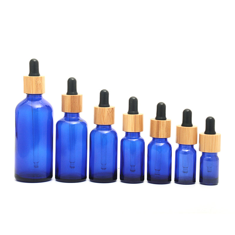 10PCS/LOT Blue Glass Dropper Bottle Natural Bamboo Cap Refill For Essence Massage Face Oil Aromatherapy Liquid Skincare