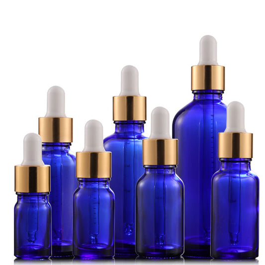 10Pcs/Lot Golden Cap Blue Glass Bottle Scale Dropper Pipette Aromatherapy Liquid  Serum/Essence Basic Massage Herbal Oil Refill