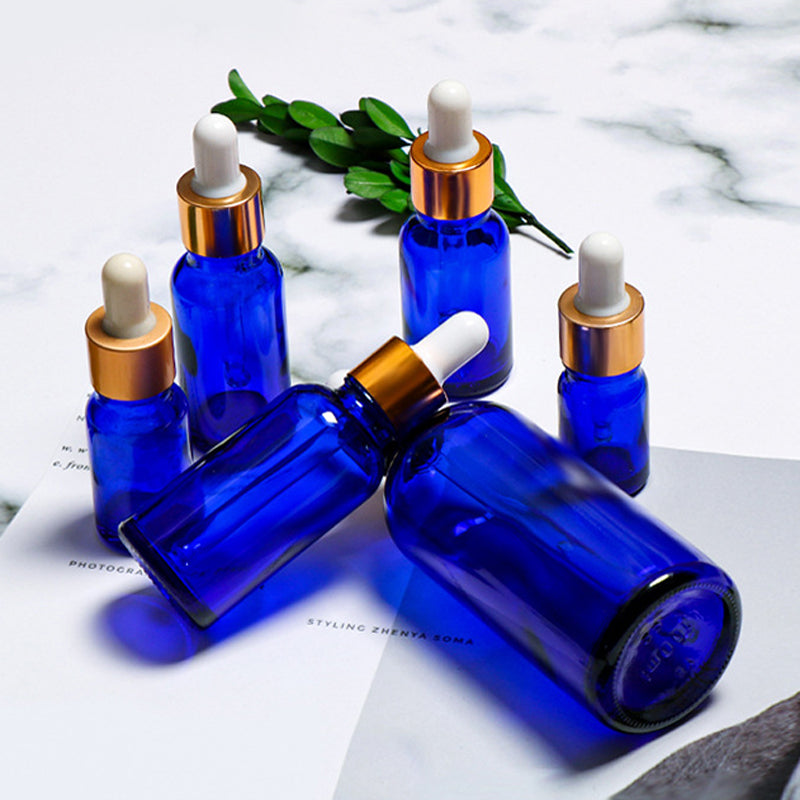 10Pcs/Lot Golden Cap Blue Glass Bottle Scale Dropper Pipette Aromatherapy Liquid  Serum/Essence Basic Massage Herbal Oil Refill