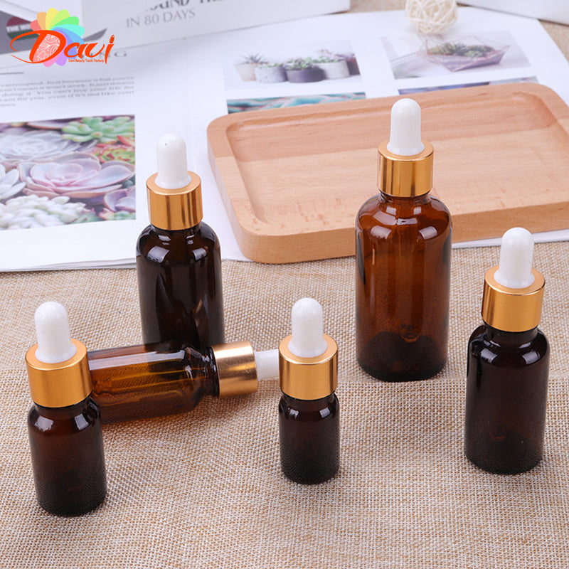 10pcs/lot Golden Cap Amber Glass Dropper Bottle for Skincare Aromatherapy Liquid Serum/Essence Basic Massage oil Pipette Refill
