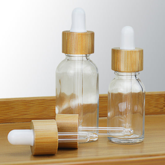 10pcs/lot natural bamboo cap Clear Glass Dropper Bottle Aromatherapy Liquid serum/essential basic massage oil Pipette Refillable