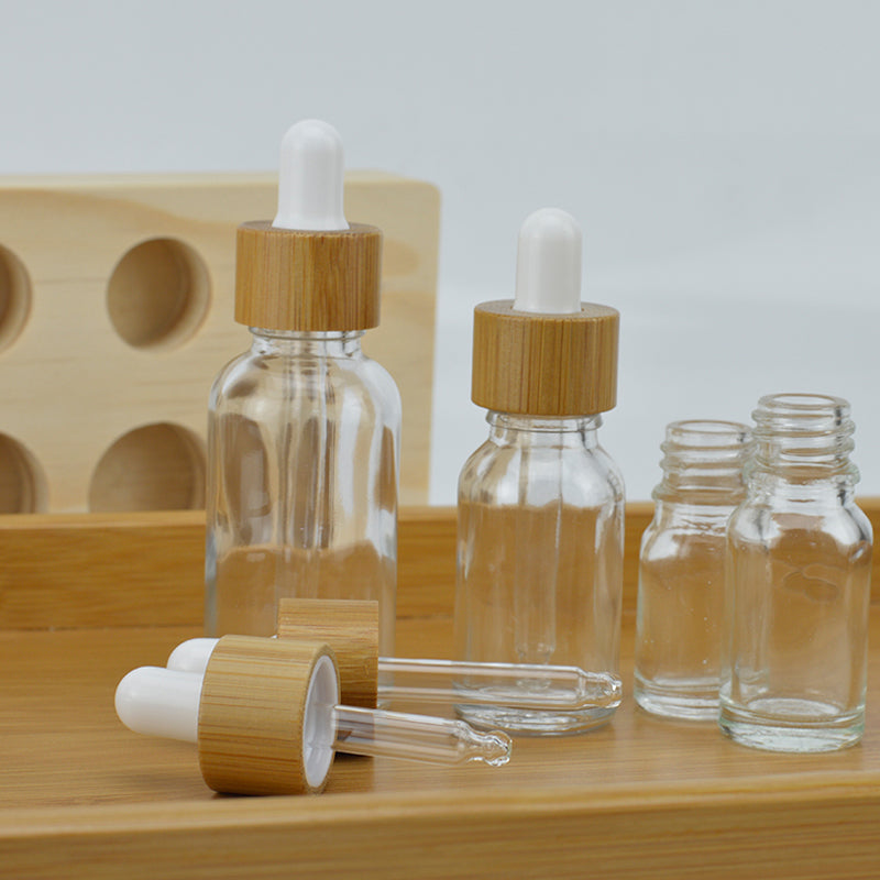 10pcs/lot natural bamboo cap Clear Glass Dropper Bottle Aromatherapy Liquid serum/essential basic massage oil Pipette Refillable