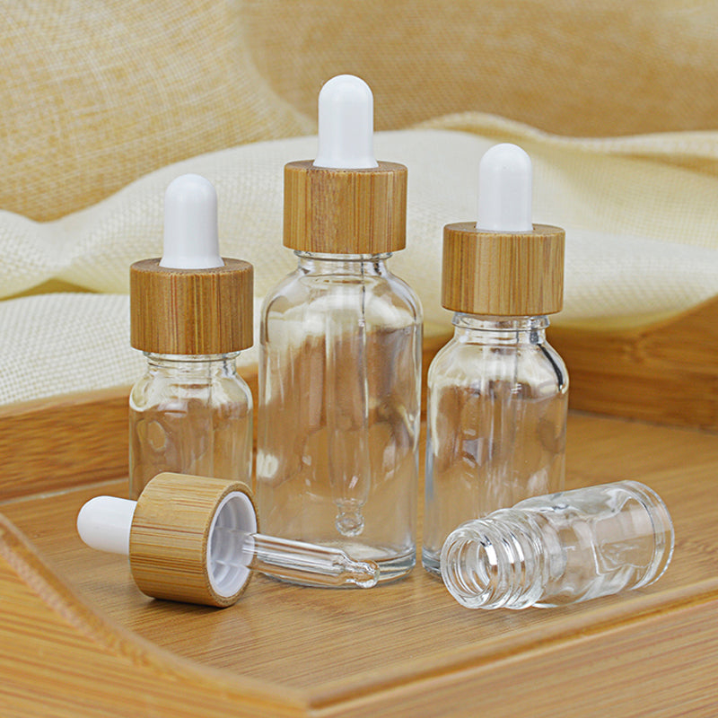 10pcs/lot natural bamboo cap Clear Glass Dropper Bottle Aromatherapy Liquid serum/essential basic massage oil Pipette Refillable