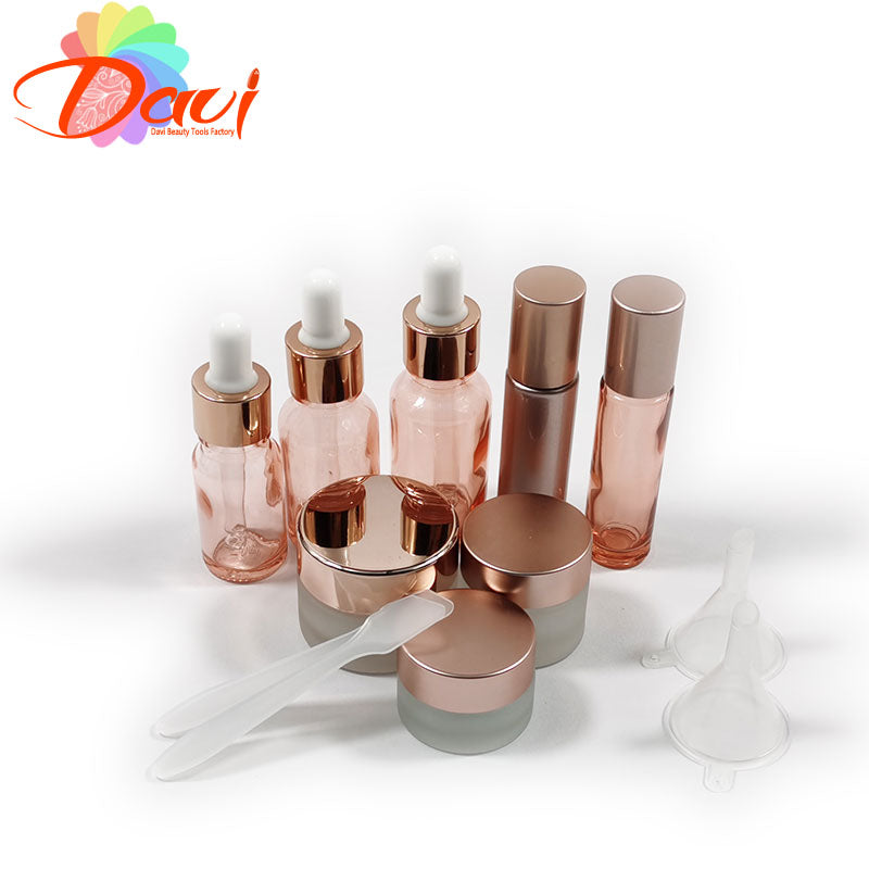 12pcs/Set Pinky Glass Dropper/pipeite Bottle Cream Jar Roll-on Rolling High-end Skincare Set Refill for Oils/Serum Travel Set