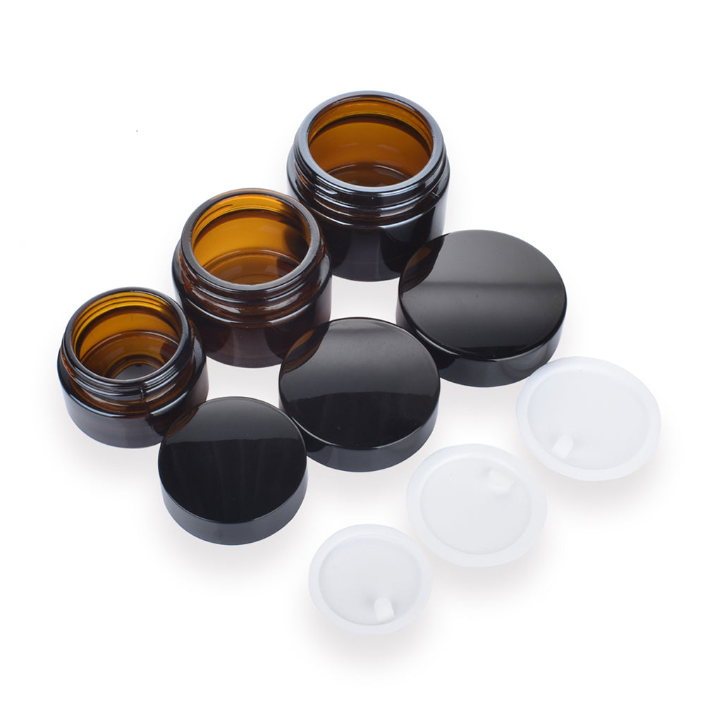 10pcs Amber Glass Jar/ Bottle Black PE Lid Face/Hand Cream Mask Lotion Gel Powder Pots Refill Container Cosmetic Skincare Storage