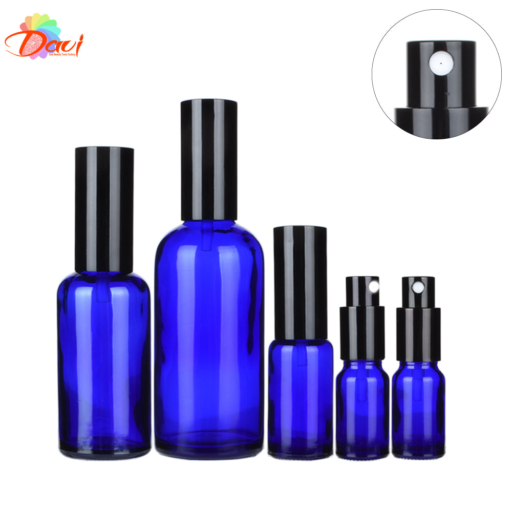 2pcs Black Cap/Cover Blue Glass Spray Bottle for Perfume/Toner/Hydrolat Water Makeup Sprayer Travel Skincare Refill Container