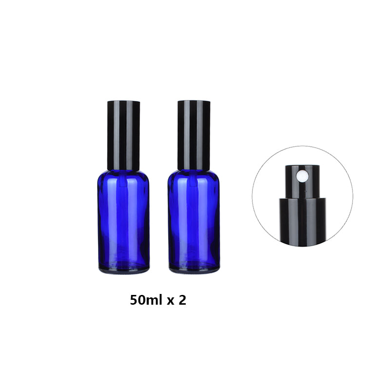 2pcs Black Cap/Cover Blue Glass Spray Bottle for Perfume/Toner/Hydrolat Water Makeup Sprayer Travel Skincare Refill Container