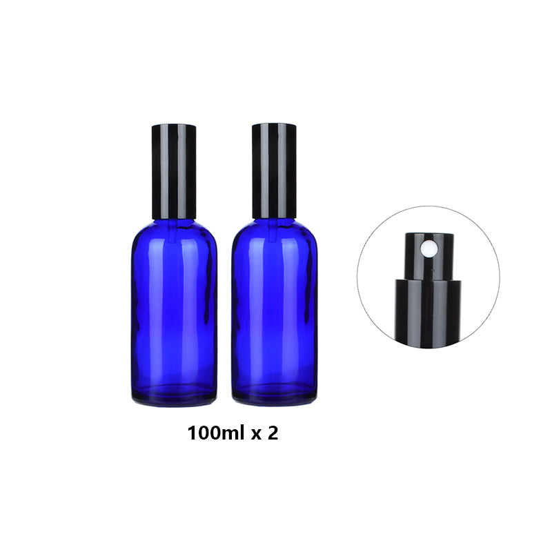 2pcs Black Cap/Cover Blue Glass Spray Bottle for Perfume/Toner/Hydrolat Water Makeup Sprayer Travel Skincare Refill Container