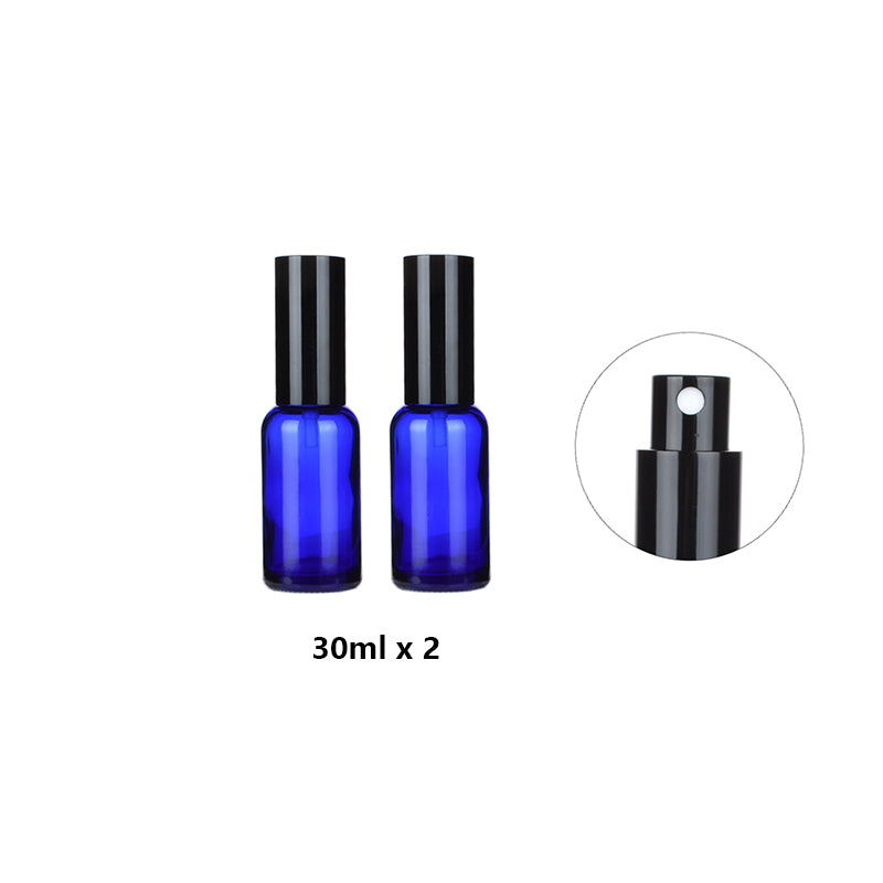 2pcs Black Cap/Cover Blue Glass Spray Bottle for Perfume/Toner/Hydrolat Water Makeup Sprayer Travel Skincare Refill Container
