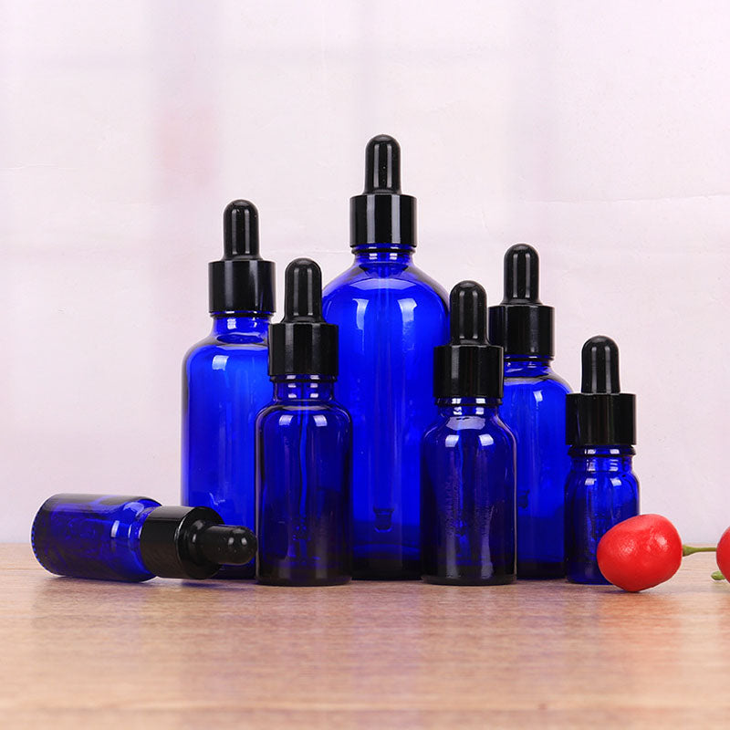 10pcs/lot 5-100Ml Black Metal Cap Dropper Blauw Glazen Fles Refill Diy Essentie Basic Massage Kruiden Gezicht Lichaam Oliën serum Parfum Huidverzorging