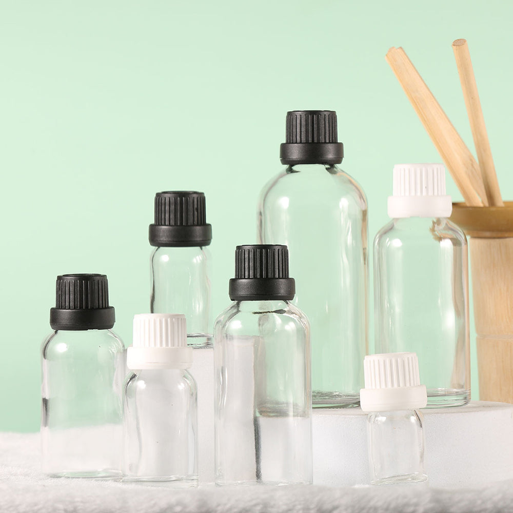 Big Head Clear Glass Bottle Drop  White Black Cap Aromatherapy Liquid For Essence/Serum Basic Massage Oil Refill Skincare DIY