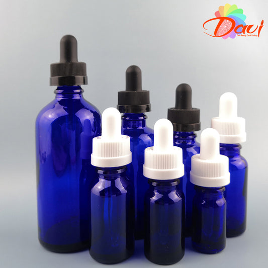 Double Security Children safe Press-Open Blue Glass Dropper Pipette Bottle Hydolat Essence Serun Oils Perfume Refill Recycle