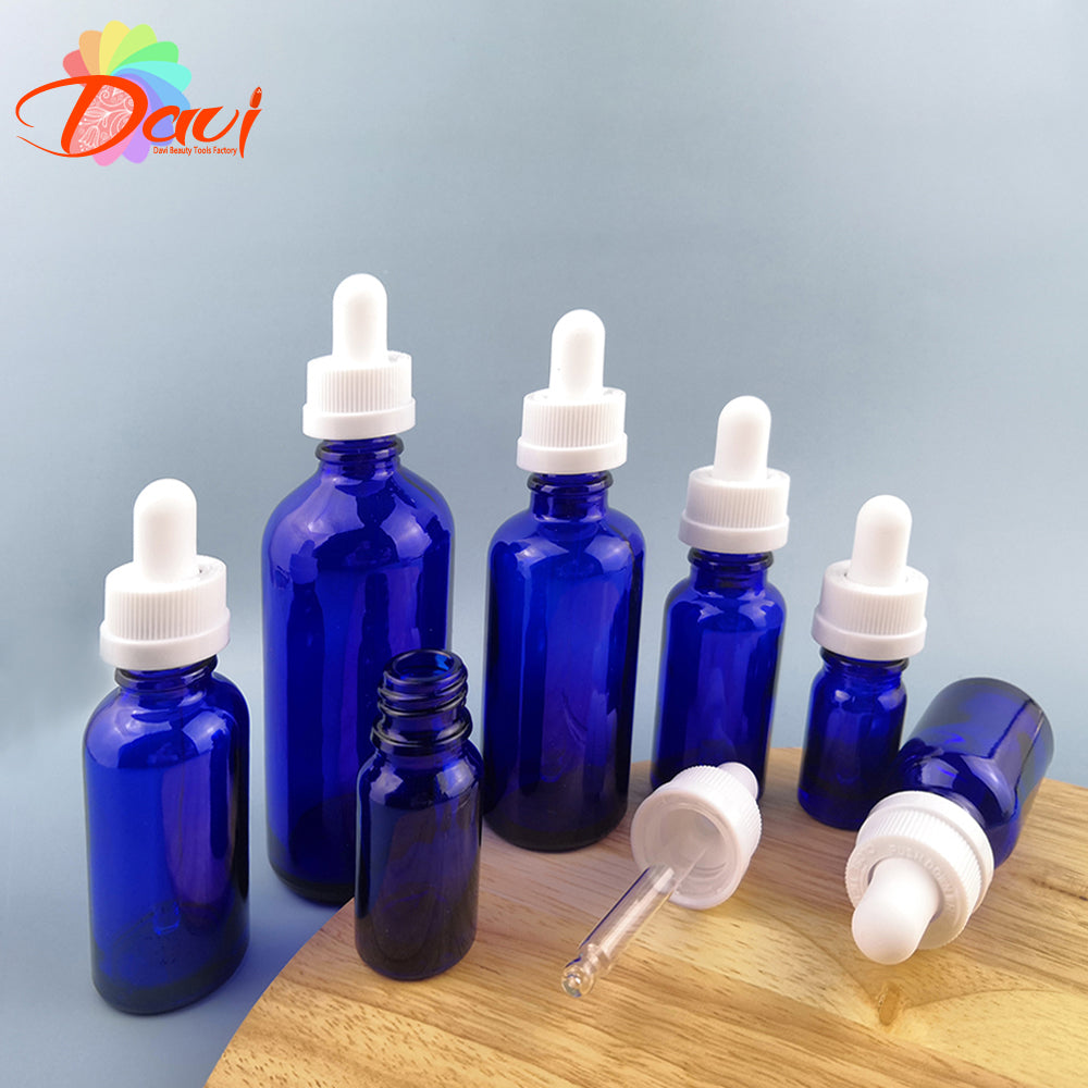 Double Security Children safe Press-Open Blue Glass Dropper Pipette Bottle Hydolat Essence Serun Oils Perfume Refill Recycle