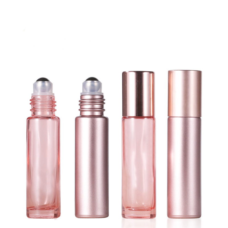 Set of 4 10ml Rosepink Glass Roller Bottles w/Matt Mirror Essence/Basic Oils Serum Roll on Ball Massage Perfume Refill Skincare