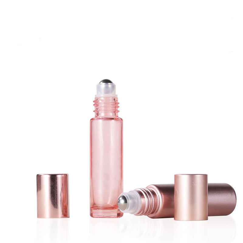 Set of 4 10ml Rosepink Glass Roller Bottles w/Matt Mirror Essence/Basic Oils Serum Roll on Ball Massage Perfume Refill Skincare