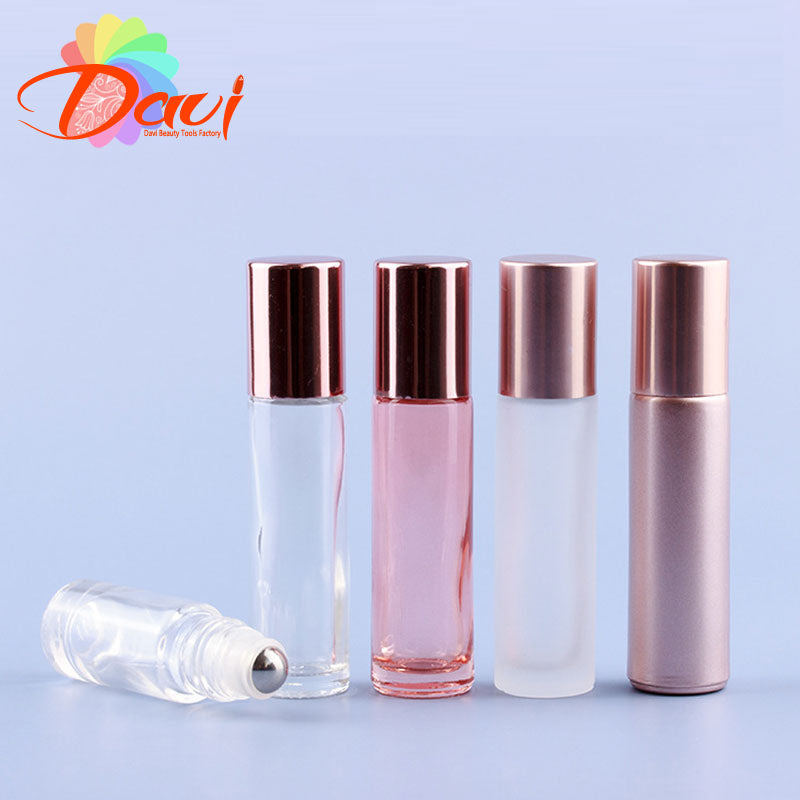 Set of 4 10ml Rosepink Glass Roller Bottles w/Matt Mirror Essence/Basic Oils Serum Roll on Ball Massage Perfume Refill Skincare